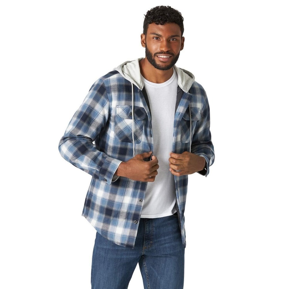 Wrangler Mens Flannel Shirt Jacket Quilted Lined Hooded Blue Black, Size Medium‎